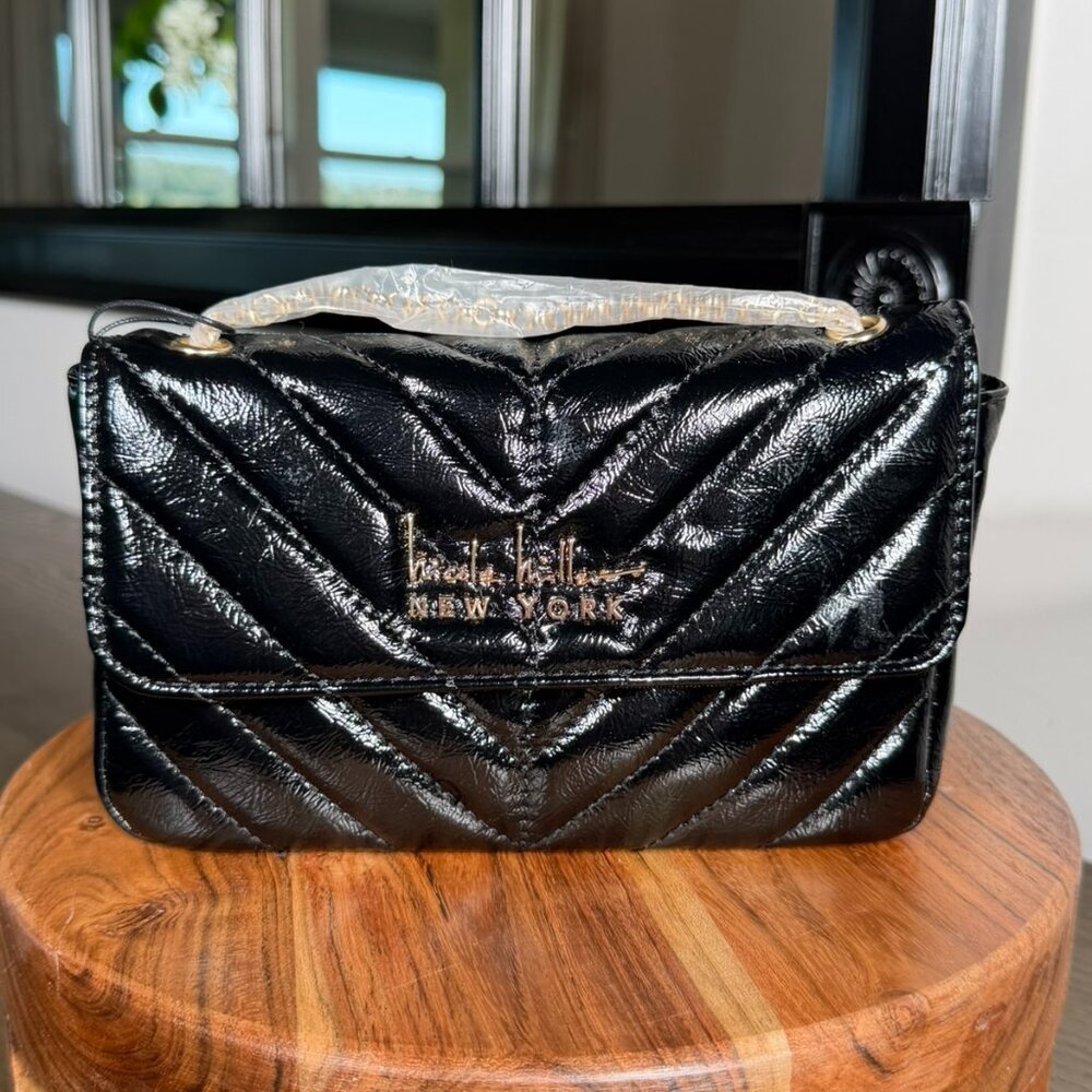 Nicole Miller New York Quilted Black Crossbody Bag Gold Chain Strap NWT
